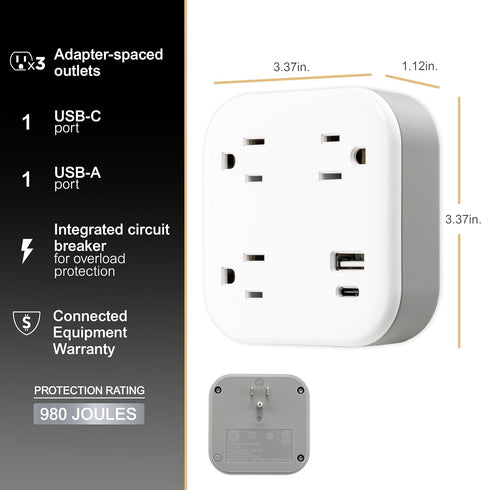 GE UltraPro 3-Outlet Surge Tap with USB, Outlet Extender, 1 USB-A, 1 USB-C, Adapter Spaced, for Home or Office, 900J, White - 81787...
