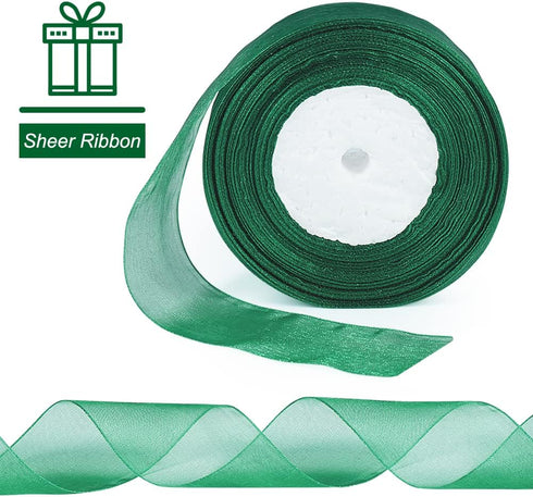 Green Sheer Ribbon, 50 Yards 1-1/2 inch Wide Shimmer Sheer Organza Ribbon for Bow Making, Gift Wrapping, Box Packaging, Crafting, Christmas Decora...