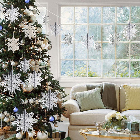 OuMuaMua Winter Christmas Hanging Decorations, 12PCS 3D Large Silver Snowflakes & 12PCS White Paper Snowflakes Hanging Garland for Christmas Winte...