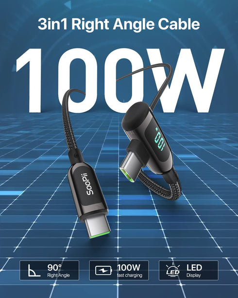 SOOPII 100W Right Angle USB C to USB C Cable,10FT Zinc Alloy Braided Type-C Cable with LED Display for lphone 15, lPad Air/Pro,MacBook Pro,Samsung...