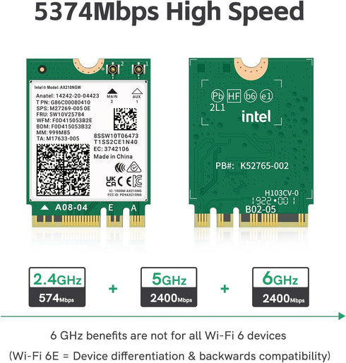 WiFi 6E AX210 NGW Wireless Card M.2 2230/NGFF WiFi 6E Laptop Module with Bluetooth 5.3, 5400Mbps Tri-Band AX210 WiFi Chip Adapter, Ultra-Low Laten...