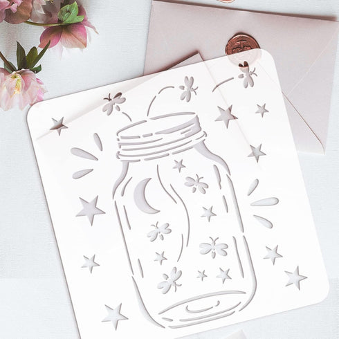 FINGERINSPIRE Jar of Fireflies Painting Stencil 11.8x11.8 inch Hollow Out Jar Bottle Pattern Drawing Stencil Reusable Plastic Star Moon Craft Sten...