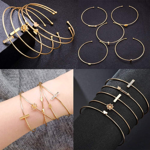 5 PACK (23pcs) Multiple Layered Stackable Open Cuff Wrap Bangle Bracelet Jewelry Adjustable for Women Wholesales Set Assorted...