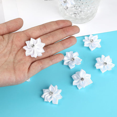 100 PCS Flower Applique Satin Ribbon Flowers Craft Mini Flowers Ribbon Flowers Hair Accessories Flower Embellishments White Graduation Cap Flowers...