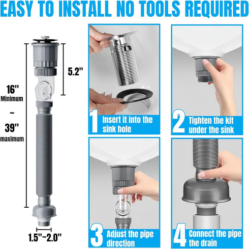 Bathroom Sink Drain Pipe Kit, 3 in 1 Plumbing, Fits for 1-1/4'' & 1-1/2'' Drain Hole, with Anti-Odor, Anti-Backflow, Space-Saving Design for Bathr...