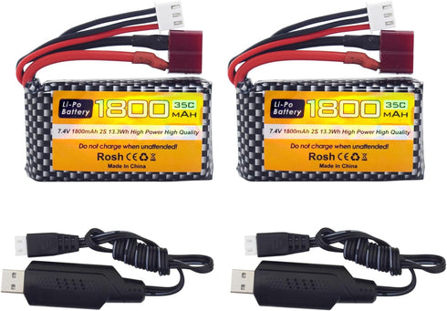 2PCS 7.4V 35C 1800mAh Lithium Battery with USB Charging Cable for WLTYOS K929-B A959-B 12401 12402 12403 12404 12423 12428 144001 1/18 1/14 1/12 R...
