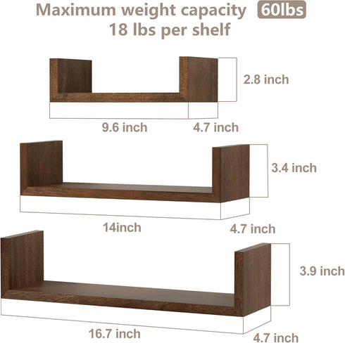 SRIWATANA Floating Shelves Wall Mounted, Solid Wood Wall Shelves Set of 3, Dark Brown…...