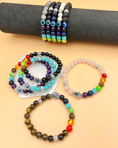 BOMAIL 10Pcs Evil Eye Charm Bracelets-7 Chakras Gemstone Lava Stone Hamsa Hand of Fatima Turkish Evil Eye Lucky Bracelet for Protection and Blessi...