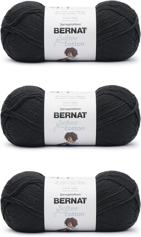 Bernat Softee Cotton Black Yarn - 3 Pack of 120g/4.25oz - Nylon - 3 DK (Light) - 254 Yards - Knitting, Crocheting & Crafts......