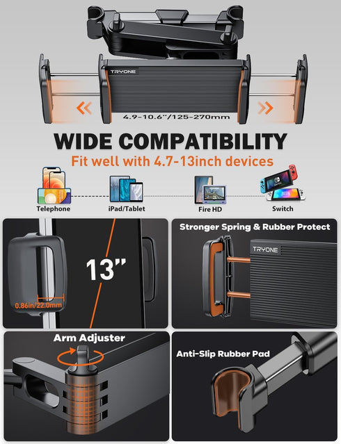 Tryone Car Headrest Tablet Holder Mount Stretchable Backseat Tablets Stand for Kids, Car Seat Mounts Compatible with iPad Pro 12.9 Air Mini, iPhon...