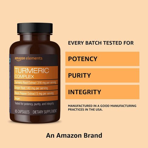 Amazon Elements Turmeric Complex, 316 mg Curcumin, 140 mg Ginger, 5 mg Black Pepper - Joint & Immune System, Healthy Inflammation Response - 65 Ca...