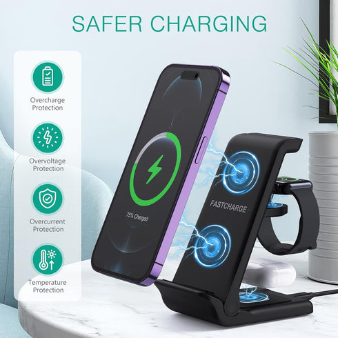 ORIA Wireless Charger, 3 in 1 Foldable Wireless Charging Stand, 15W Fast Wireless Charger, Compatible for iOS Phone 11/12/13/14/Pro/Max/i Watch/Ea...