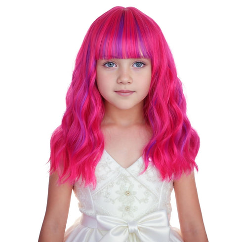 Kids Hot Pink Mixed Purple Wig Child Short Pink Purple Wig with Air Bangs Purple Pink Wavy Curly Wig for Girls Heat Resistant Synthetic Wig with W...