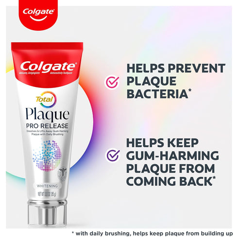 Colgate Total Plaque Pro Release Whitening Toothpaste, Whitening Anticavity Toothpaste, Helps Reduce Plaque and Whitens Teeth, 1 Pack, 3.0 Oz Tube...