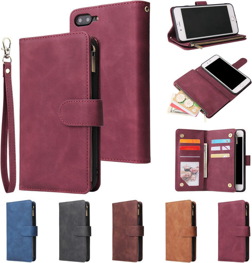 UEEBAI Wallet Case for iPhone 7 Plus iPhone 8 Plus, Premium Vintage PU Leather Magnetic Closure Handbag Zipper Pocket Case Kickstand Card Holder S...