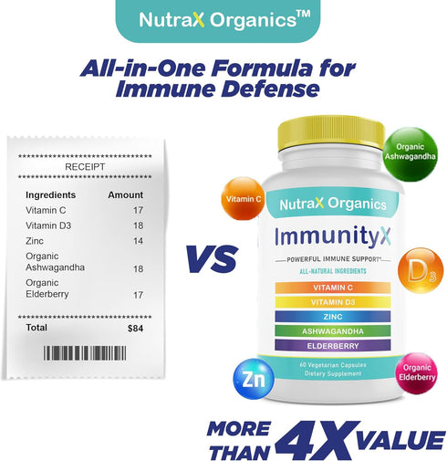 All-in-One Organic Immune Support Supplement 60 Vegan Capsules - Elderberry 500mg, Ashwagandha 500mg, 400mg Vitamin C and Zinc - Vitamin D3 - Immu...