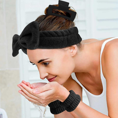 TOBATOBA Skincare Headband, Spa Headband and Wristband Set, Makeup Headband Face Wash Headband, Black Puffy Skin Care Headband Set with Hair Clip,...