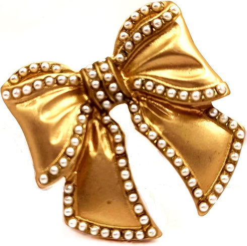 Baroque Vintage Imitated Pearl Hemmed Gold Metallic Bow Brooch Pin Costume Jewelry...