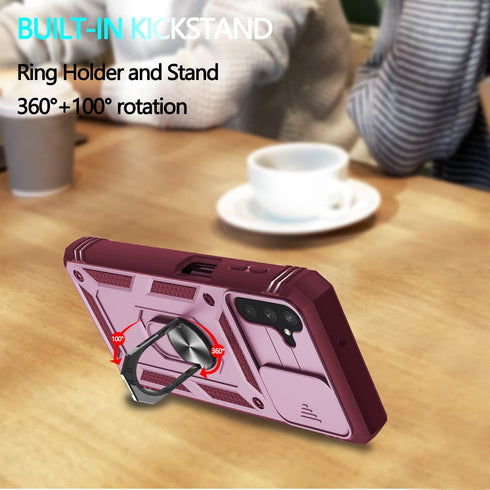 Samsung Galaxy A04S Case, Galaxy A13 5G Case with 3 Pcs Tempered Glass Screen Protector Built in Ring Stand Kickstand + Camera Cover, Hard PC Soft...