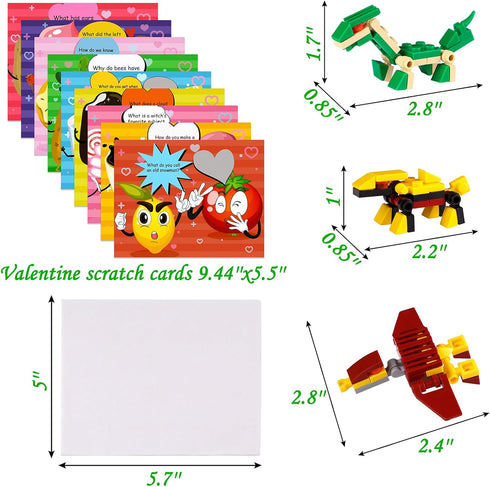 Geefuun 24 Sets Valentines Cards for Kids - 24 Scratch Off Jokes Cards + 24 Dinosaur Building Blocks Classroom School Exchange Gifts Love Party Fa...