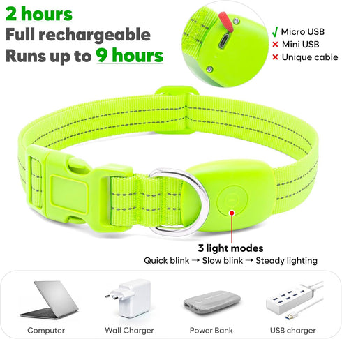 Light Up Dog Collars Rechargeable, Reflective LED Glow Dark Dog Collar for Small Medium Large Dogs, Adjustable Pet Dog Lights for Safe Night Walk-...