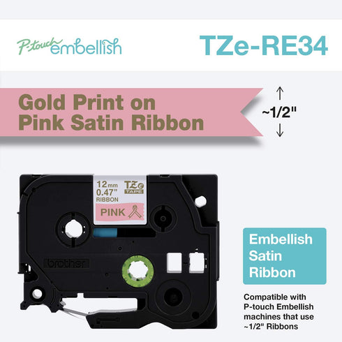 Brother P-touch Embellish Gold Print on Pink Satin Ribbon TZERE34 ~½” Wide x ~13.1’ Long for use with P-touch Embellish Ribbon & Tape Printer...
