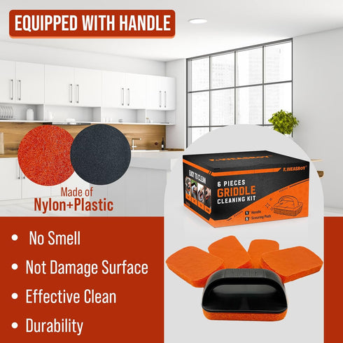 6-Piece Griddle Cleaning Kit for Blackstone, Flat Top Grill Cleaning Kit Non-Scratch Scouring Pads for Kitchen - 5 Scrubber Pads and 1 Handle...