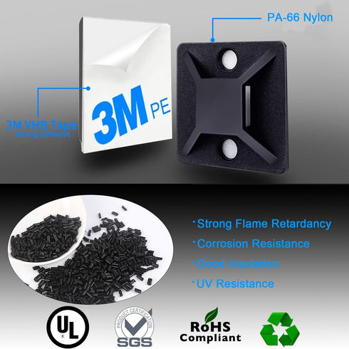 100 PCS 3/4" Black Zip Tie Mounts - Small Self Adhesive Cable Tie Anchors, Wire Management Holders Squares Pad, Perfect for Indoor & Outdoor Cable...