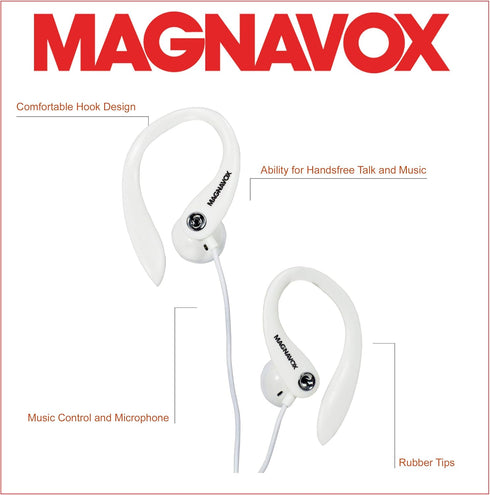Magnavox MHP4854-WH Earhook Earbuds with Microphone in White | Available in Black & White | Earbuds Earhook with Microphone | Extra Value Comfort ...