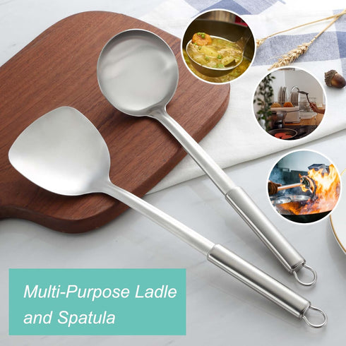 Pleafind 2-Pcs Ladle and Spatula, Soup Ladle and Spatulas, Stainless Steel Spatula and Spoon Sets, Cooking Utensils Set, Wok Spatula and Wok Ladle...