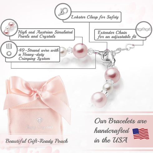 Pretty Sterling Silver Bracelets for Girls with Pink and White Simulated Pearls, European Crystals, Girls Jewelry, Pearl Bracelet for Girl, Birthd...
