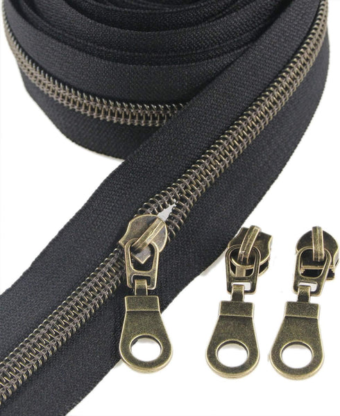 Leekayer #5 Antique Brass Metallic Nylon Coil Zippers by The Yard Bulk 10 Yards Black Zipper Tape with 25pcs Brass Sliders for DIY Sewing Tailor C...