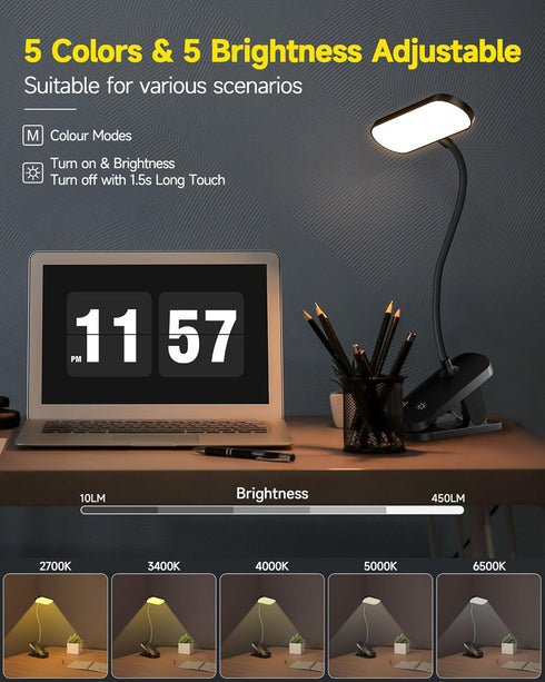 CUHIOY Desk Lamp Clip on Reading Light, USB-C Battery-Operated Rechargeable Table Lamps with Clamp for Dorm Home Office, 38LEDs Bed Headboard Ligh...