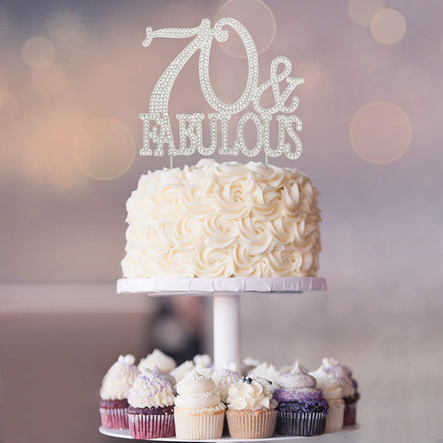 70 Cake Topper - Premium Silver Metal - 70 and Fabulous - 70th Birthday Party Sparkly Rhinestone Decoration Makes a Great Centerpiece - Now Protec...