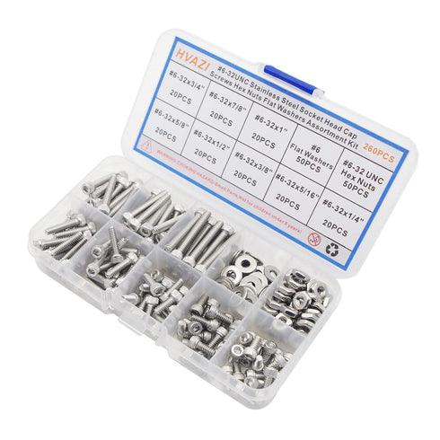 #6-32 UNC Stainless Steel Hex Socket Head Cap Screws Hex Nuts Flat Washers Assortment Kit...
