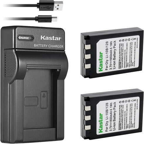 Kastar Battery (X2) & Slim USB Charger for Olympus LI-10B, LI-12B and Olympus Stylus 300, 400, 500, 600, 800, C-50, 60, 70, 470, 760, 770, 5000, C...