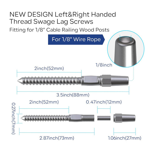 5 Pair Cable Railing Kit, Invisible Crimp Fitting Cable Railing Hardware, Right&Left Handed Thread Swage Lag Screws for Wood Post of 1/8" T316 Ste...