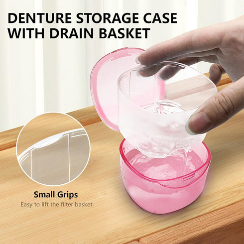 Travel Denture Case Denture Soaking Container with Brush, Denture Cleaning Case Retainer Bath Box Case False Teeth Container - Leak Proof & Lid Wa...
