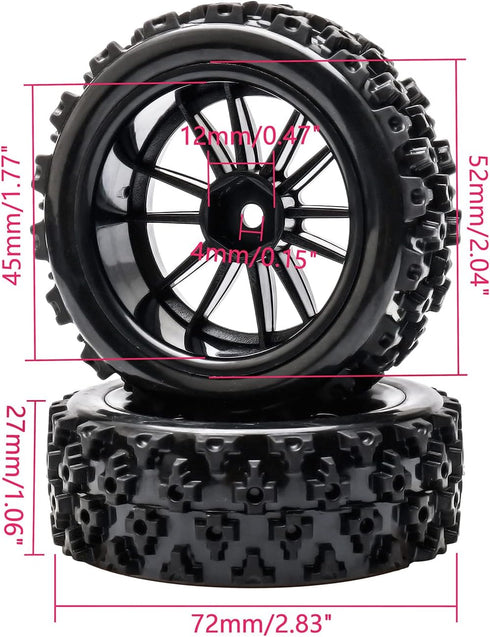 JIUWU 4pcs RC 1:10 Rubber Tires Car Crossing Wheels Rims Hex 12MM Black...