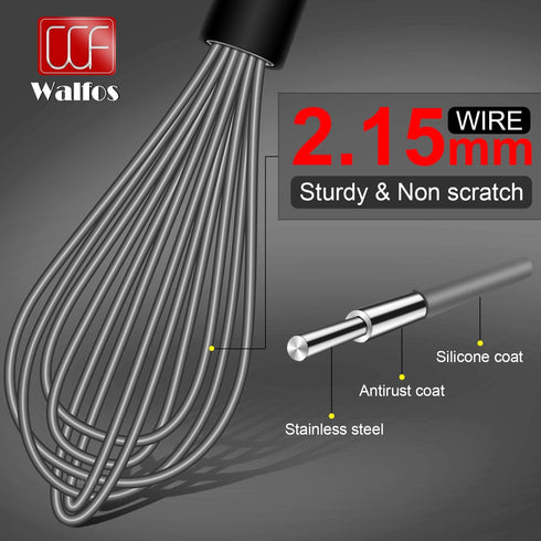 Walfos Whisk, Silicone Whisks Set of 5, Mini Stainless Steel Whisk 7in+5in and Non Scratch Coated 7+9+11in Whisks, Suitable for Blending, Whisking...