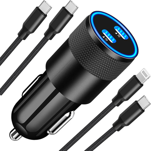 ?MFi Certified?iPhone Car Charger Fast Charging, Braveridge 72W Dual PD Car Power Cigarette Lighter USB-C Car Charger+Lightning&Type-C Braided Cab...