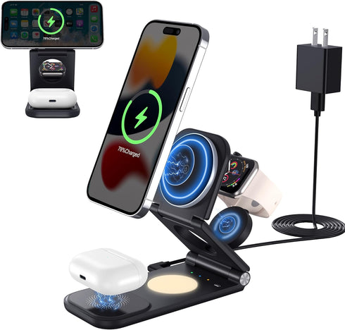 3-in-1 Wireless Charging Station for iPhone 15/14/13/Plus/Pro/Pro Max/12 & AirPods 3/2/Pro & Apple Watch & Mag-Safe Case, 18W Foldable Fast Magnet...