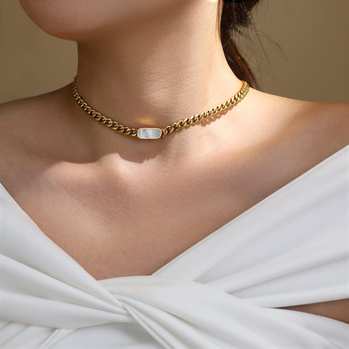 Womens 18K Real Gold Plated Dainty Necklace Choker With Mother-of-Pearl Shell, 6mm 316L Stainless Steel Diamond-Cut Curb Cuban Link Chain(6mm,16in...
