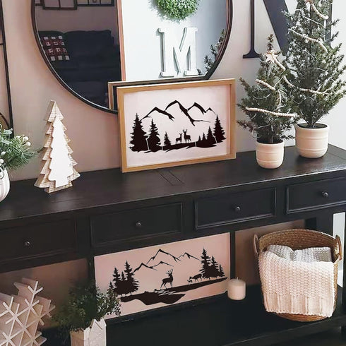12 Pieces Mountain Stencils Pine Tree Stencils for Painting on Wood Reusable Forest Deer Bear Drawing Templates for Wood Burning Furniture Wall Fa...