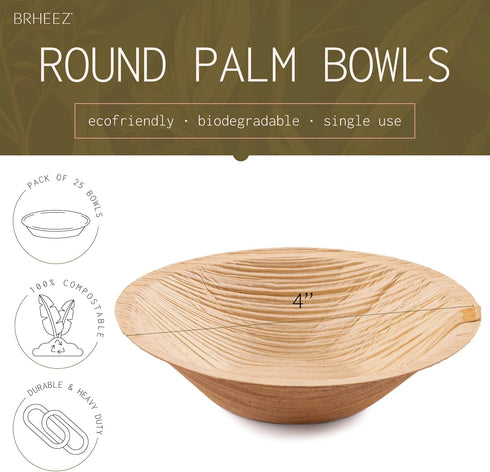 brheez Palm Leaf Disposable Party Bowls - 4 Inch, 25 Pack, Compostable, Bamboo Look, Heavy Duty, EcoFriendly...
