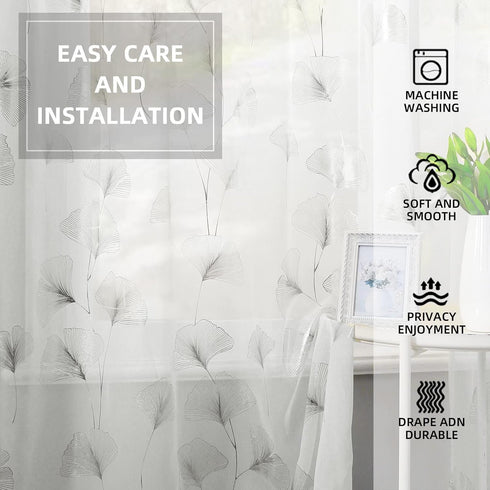 Silver Foil Print Voile Sheer Curtains, Leaves Grommet Top Window Drapes 72 Inches Long, Luxury Metallic Bronzing Treatment Panels for Home Window...
