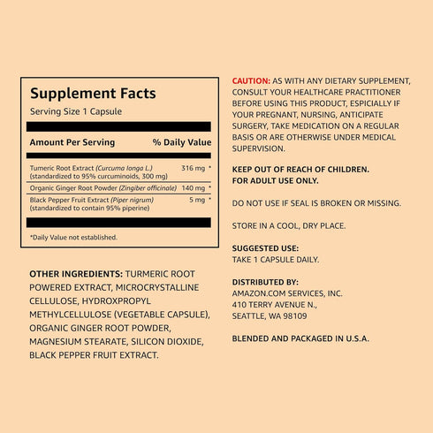 Amazon Elements Turmeric Complex, 316 mg Curcumin, 140 mg Ginger, 5 mg Black Pepper - Joint & Immune System, Healthy Inflammation Response - 65 Ca...
