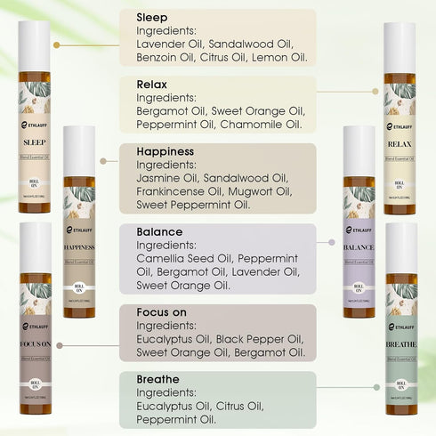 Essential Oils Roll On Set 6 Pack -(Relax, Sleep, Balance,Breathe, Focus on, Happiness) Aromatherapy Oil with Roller Ball,Essential Oils Blends fo...