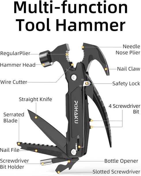 Pohaku 14-in-1 Multitool Hammer, Pohaku Multitool with DIY Stickers, Safety Lock, Screwdriver Bits Set and Durable Nylon Sheath, Multi Tool for Ou...