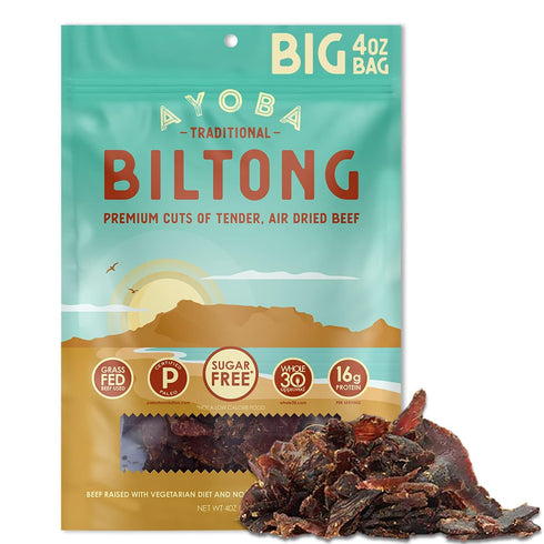 Ayoba Traditional Grass Fed Beef Biltong Slices (4 Ounce, Pack of 1) - Keto Friendly Air-Dried Grass Fed Beef Paleo Snacks - Gluten Free, Whole 30...